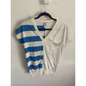Vintage Striped Colorblock V Neck Pocket Tee Shirt Size S